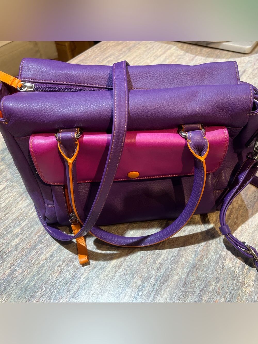 Mywalit Leather Satchel Crossbody NEW Purple w/pink & orange MINT - Picture 2 of 14